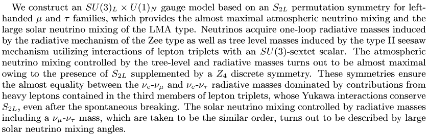 We construct an $SU(3)_L \times U(1)_N$ gauge model based on an $S_{2L}$ permutation symmetry for left-handed $\mu$ and $\tau$ families, which provides the almost maximal atmospheric neutrino mixing and the large solar neutrino mixing of the LMA type. Neutrinos acquire one-loop radiative masses induced by the radiative mechanism of the Zee type as well as tree level masses induced by the type II seesaw mechanism utilizing interactions of lepton triplets with an SU(3)-sextet scalar. The atmospheric neutrino mixing controlled by the tree-level and radiative masses turns out to be almost maximal owing to the presence of $S_{2L}$ supplemented by a $Z_4$ discrete symmetry. These symmetries ensure the almost equality between the $\nu_e$-$\nu_\mu$ and $\nu_e$-$\nu_\tau$ radiative masses dominated by contributions from heavy leptons contained in the third members of lepton triplets, whose Yukawa interactions conserve $S_{2L}$, even after the spontaneous breaking. The solar neutrino mixing controlled by radiative masses including a $\nu_\mu$-$\nu_\tau$ mass, which are taken to be the similar order, turns out to be described by large solar neutrino mixing angles. 