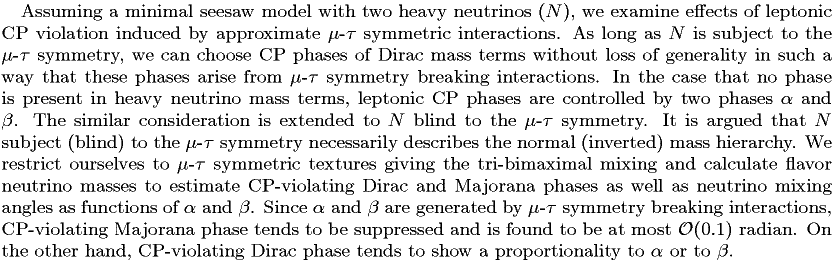 Assuming a minimal seesaw model with two heavy neutrinos ($N$), we examine effects of leptonic CP violation induced by approximate $\mu$-$\tau$ symmetric interactions.  As long as $N$ is subject to the $\mu$-$\tau$ symmetry, we can choose CP phases of Dirac mass terms without loss of generality in such a way that these phases arise from $\mu$-$\tau$ symmetry breaking interactions. In the case that no phase is present in heavy neutrino mass terms, leptonic CP phases are controlled by two phases $\alpha$ and $\beta$. The similar consideration is extended to $N$ blind to the $\mu$-$\tau$ symmetry. It is argued that $N$ subject (blind) to the $\mu$-$\tau$ symmetry necessarily describes the normal (inverted) mass hierarchy. We restrict ourselves to $\mu$-$\tau$ symmetric textures giving the tri-bimaximal mixing and calculate flavor neutrino masses to estimate CP-violating Dirac and Majorana phases as well as neutrino mixing angles as functions of $\alpha$ and $\beta$. Since $\alpha$ and $\beta$ are generated by $\mu$-$\tau$ symmetry breaking interactions, CP-violating Majorana phase tends to be suppressed and is found to be at most ${\mathcal O}(0.1)$ radian.  On the other hand, CP-violating Dirac phase tends to show a proportionality to $\alpha$ or to $\beta$.