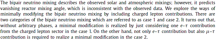The bipair neutrino mixing describes the observed solar and atmospheric mixings; however, it predicts vanishing reactor mixing angle, which is inconsistent with the observed data. We explore the ways of minimally modifying the bipair neutrino mixing by including charged lepton contributions. There are two categories of the bipair neutrino mixing which are referred to as case 1 and case 2. It turns out that, without arbitrary phases, a minimal modification is realized by just considering one $e$ - $\tau$ contribution from the charged lepton sector in the case 1. On the other hand, not only $e$ - $\tau$ contribution but also $\mu$ - $\tau$ contribution is required to realize a minimal modification in the case 2. 