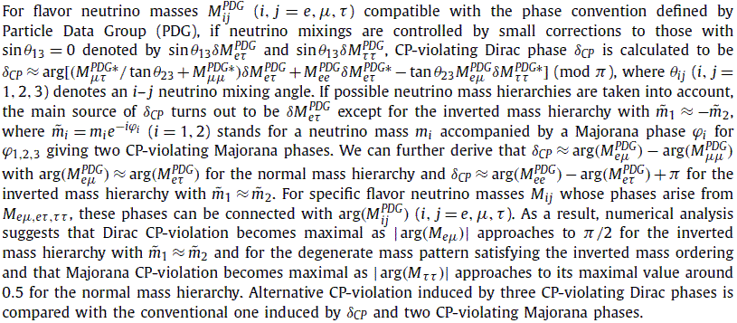 For flavor neutrino masses M^{PDG}_{ij} (i,j=e,mu,tau) compatible with the phase convention defined by Particle Data Group (PDG), if neutrino mixings are controlled by small corrections to those with sin(theta_{13})=0 denoted by sin(theta_{13})deltaM^{PDG}_{e tau} and sin(theta_{13})deltaM^{PDG}_{tau tau}, CP-violating Dirac phase delta{CP} is calculated by using these corrections. If possible neutrino mass hierarchies are taken into account, the main source of delta{CP} turns out to be deltaM_{e tau}^{PDG} except for the inverted mass hierarchy with {m}_1 approx -{m}_2, where {m}_i=m_ie^{-i varphi_i} (i=1,2) stands for a neutrino mass m_i accompanied by a Majorana phase varphi_i for varphi_{1,2,3} giving two CP-violating Majorana phases. We can further derive that delta_{CP} approx arg(M_{e mu}^{PDG})-arg(M_{mu mu}^{PDG}) with arg (M_{e mu}^{PDG}) approx arg(M_{e tau}^{PDG}) for the normal mass hierarchy and delta_{CP} approx arg(M_{ee}^{PDG})-arg(M_{e tau}^{PDG})+pi for the inverted mass hierarchy with {m}_1 approx {m}_2. For specific flavor neutrino masses M_{ij} whose phases arise from M_{e mu,e tau,tau tau}, these phases can be connected with arg(M_{ij}^{PDG}) (i,j=e,mu,tau). As a result, numerical analysis suggests that Dirac CP-violation becomes maximal as |arg(M_{e mu})| approaches to pi/2 for the inverted mass hierarchy with {m}_1 approx {m}_2 and for the degenerate mass pattern satisfying the inverted mass ordering and that Majorana CP-violation becomes maximal as |arg(M_{tau tau})| approaches to its maximal value around 0.5 for the normal mass hierarchy. Alternative CP-violation induced by three CP-violating Dirac phases is compared with the conventional one induced by delta{CP} and two CP-violating Majorana phases. 