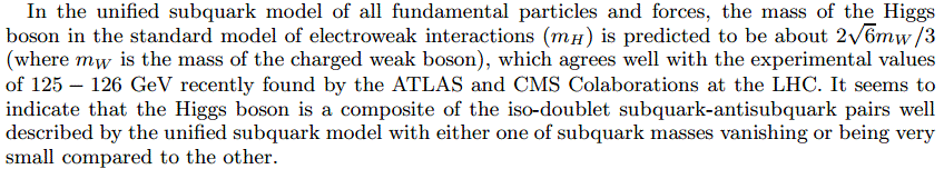 In the unified subquark model of all fundamental particles and forces, the mass of the Higgs boson in the standard model of electroweak interactions (m_H) is predicted to be about 2\sqrt{6}m_W/3 (where m_W is the mass of the charged weak boson), which agrees well with the experimental values of 125-126 GeV recently found by the ATLAS and CMS Colaborations at the LHC. It seems to indicate that the Higgs boson is a composite of the iso-doublet subquark-antisubquark pairs well described by the unified subquark model with either one of subquark masses vanishing or being very small compared to the other.