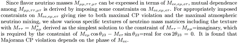 Since flavor neutrino masses M_{\mu\mu,\tau\tau,\mu\tau} can be expressed in terms of M_{ee,e\mu,e\tau}, mutual dependence among M_{\mu\mu,\tau\tau,\mu\tau} is derived by imposing some constraints on M_{ee,e\mu,e\tau}. For appropriately imposed constraints on M_{ee,e\mu,e\tau} giving rise to both maximal CP violation and the maximal atmospheric neutrino mixing, we show various specific textures of neutrino mass matrices including the texture with M_{\tau\tau}=M^\ast_{\mu\mu} derived as the simplest solution to the constraint of M_{\tau\tau}-M_{\mu\mu}=imaginary, which is required by the constraint of M_{e\mu}\cos\theta_{23}-M_{e\tau}\sin\theta_{23}=real for \cos 2\theta_{23}=0. It is found that Majorana CP violation depends on the phase of  M_{ee}.